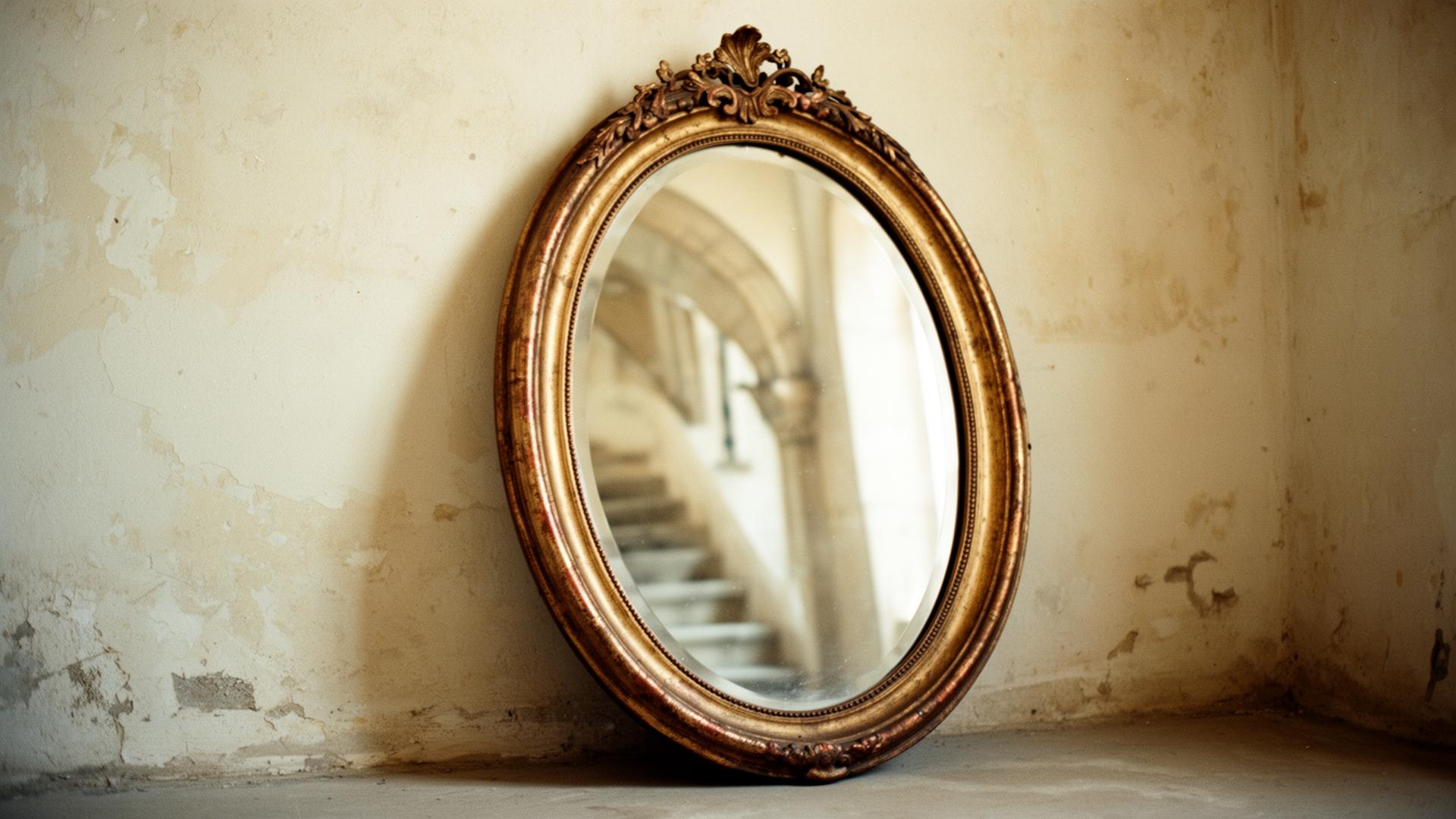An empty gilded mirror reflecting a quiet stone interior