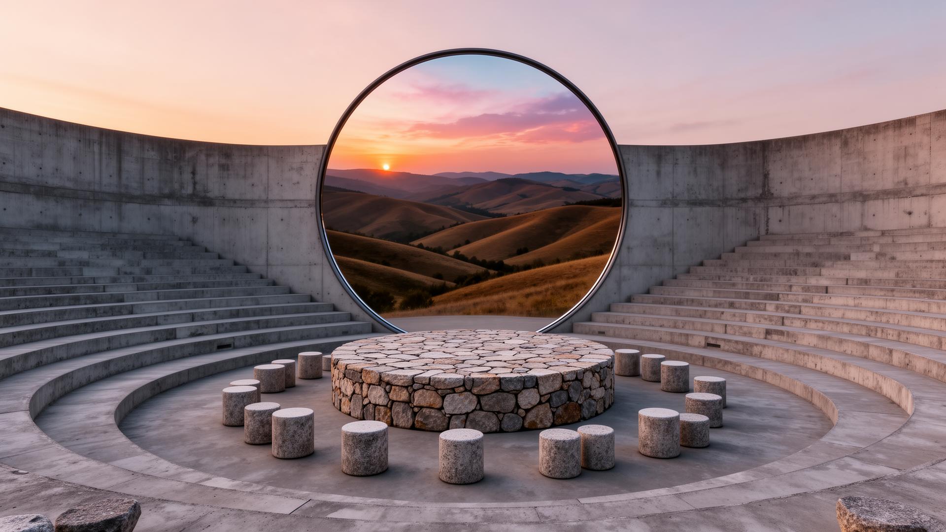 Concrete amphitheater with circular mirror