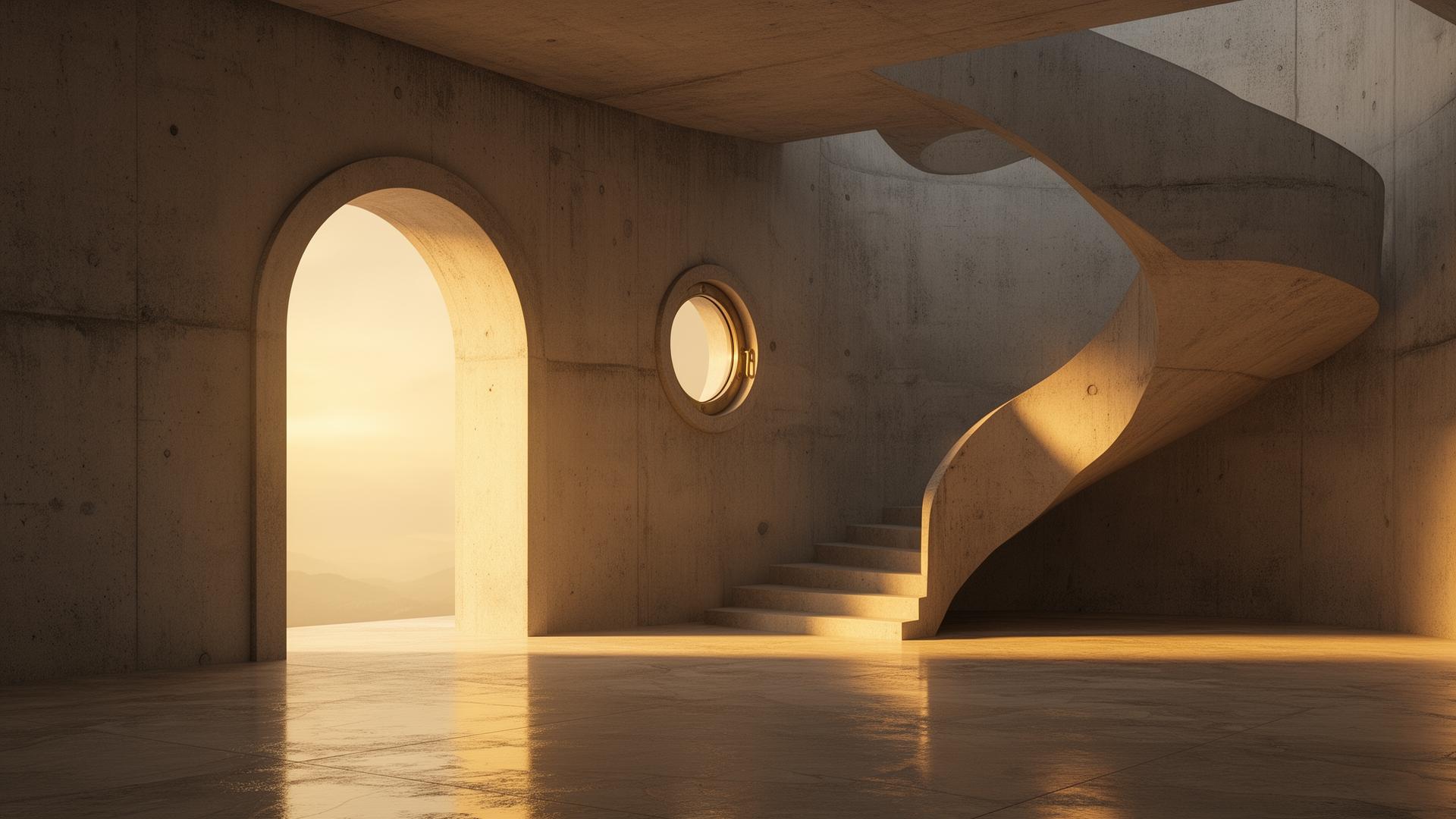 Architectural chamber with arch and staircase