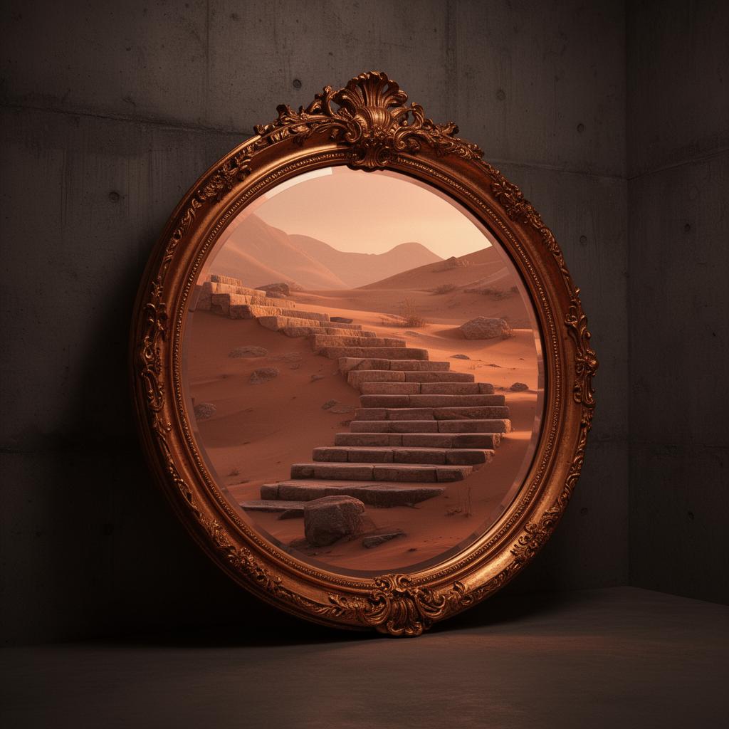 A gilded mirror reflecting a stone staircase